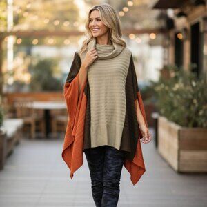 VTG Gold Flava Women's OS Brown Colorblock Cowl Neck Knit Poncho Retro Warm